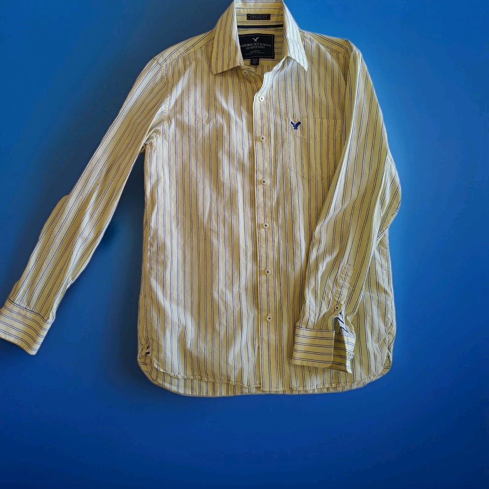 American Eagle Men M Vintage Fit Button down Striped Embroidery Logo‎